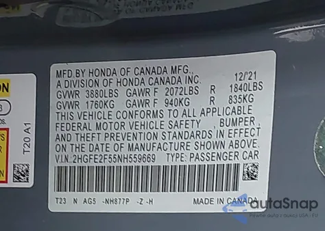 2022 Honda Civic Sport from USA, damaged, VIN 2HGFE2F55NH559669